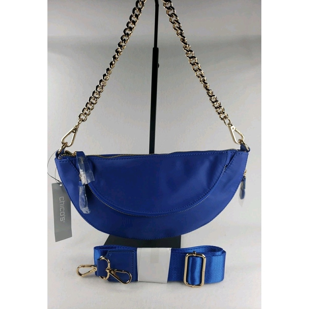 Chico's Crescent Crossbody Bag Bright Blue Gold Hardware Chain Handle Xtra Strap